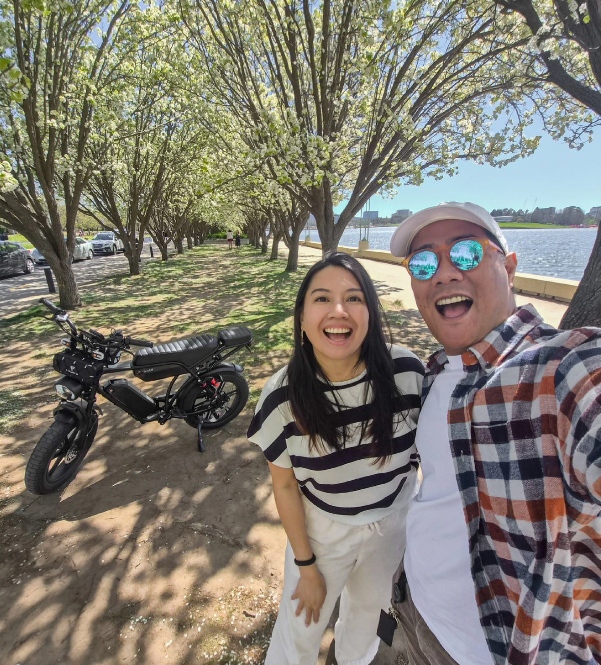 Roie and his wife out on the V29. The rear seat and front rack come standard.