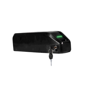 48V 18.2Ah matte black downtube e-bike battery shown from the front at an angle, with chrome lock and keys and green battery level lights on
