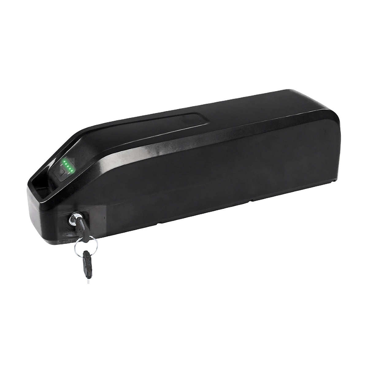 48V 18.2Ah matte black downtube e-bike battery shown from the side at an angle, with chrome lock and keys and green battery level lights on