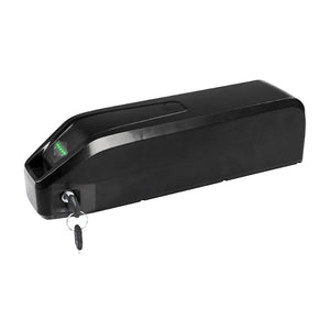 48V 18.2Ah matte black downtube e-bike battery shown from the side at an angle, with chrome lock and keys and green battery level lights on