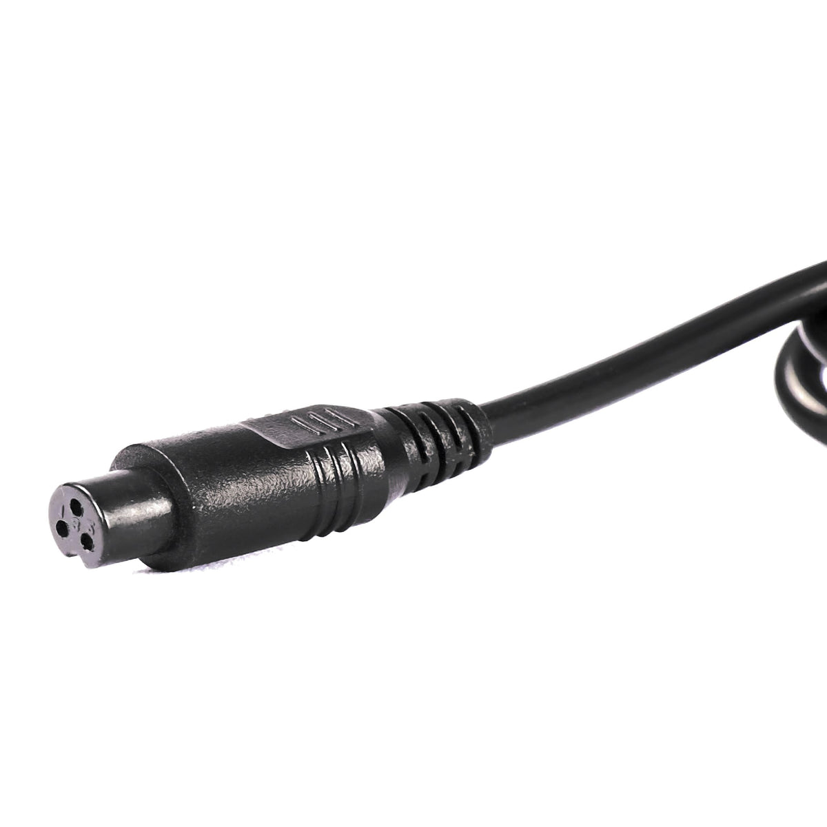 Close-up of the 3-pin round output connector on a 48V e-bike battery charger cable