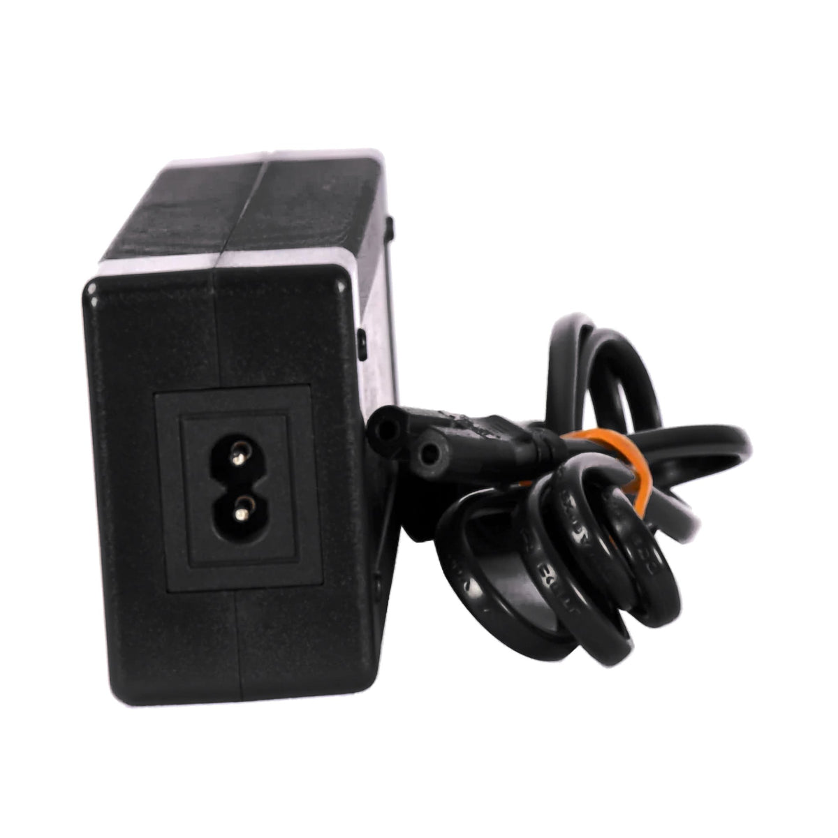 48V e-bike battery charger end view showing the figure-8 AC power socket, with coiled power cord