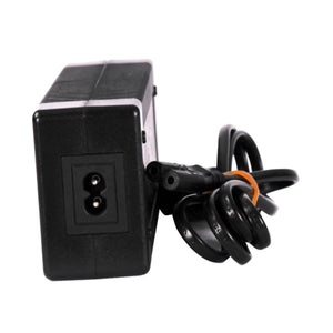 48V e-bike battery charger end view showing the figure-8 AC power socket, with coiled power cord