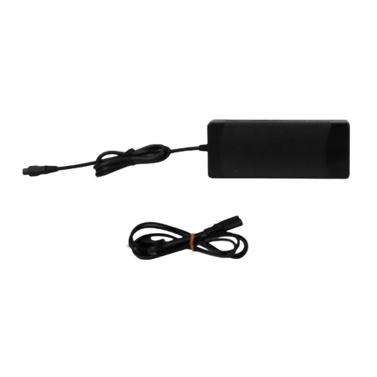 48V e-bike battery charger with output cable and separate AC power cord, shown on a white background