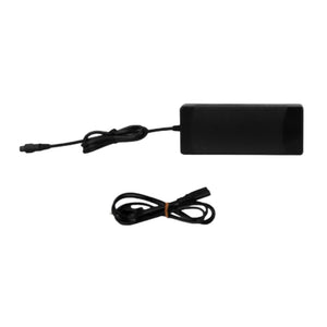 48V e-bike battery charger with output cable and separate AC power cord, shown on a white background