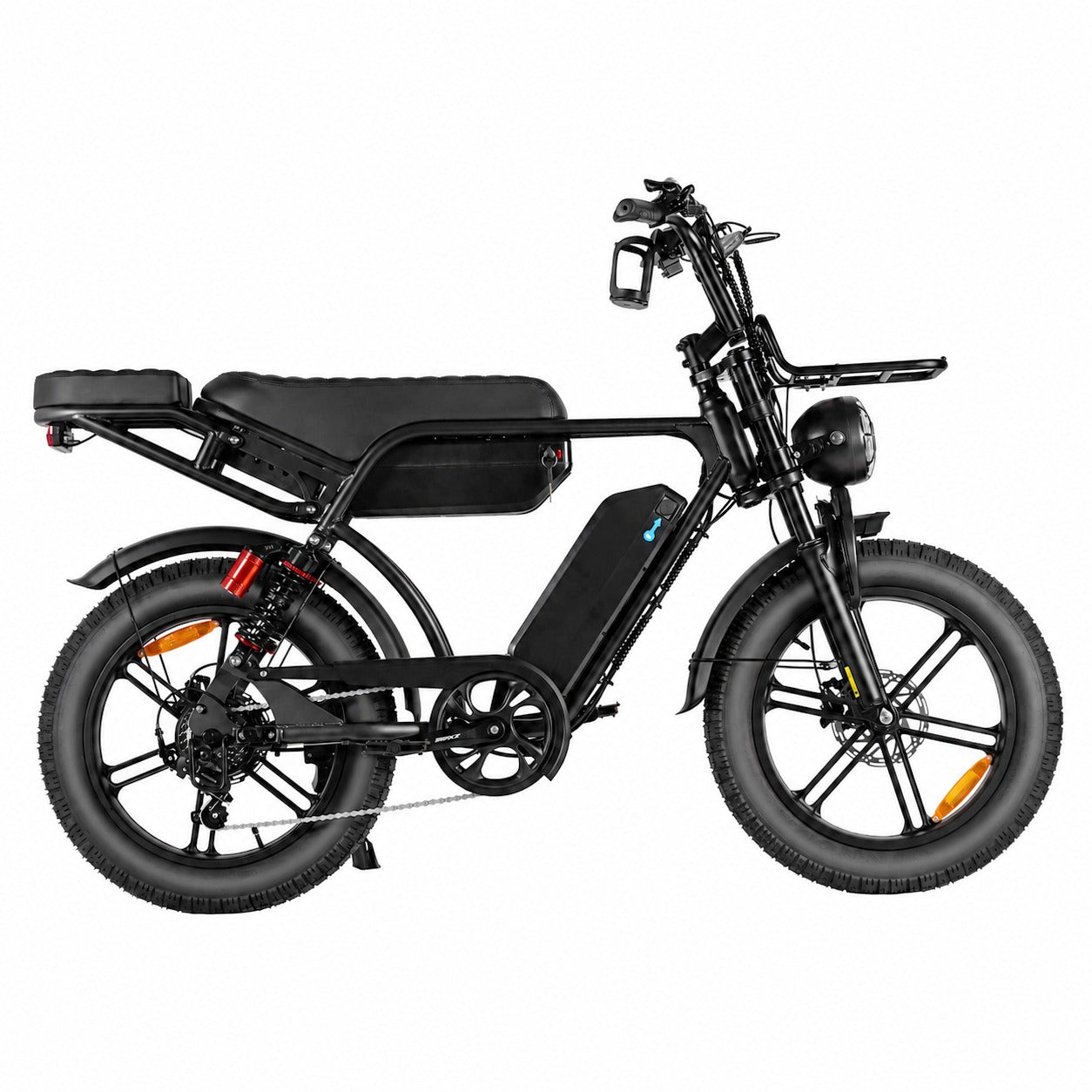 Side view of the black Thor Thunder V29 dual-battery electric bike with fat tyres and rear passenger seat.