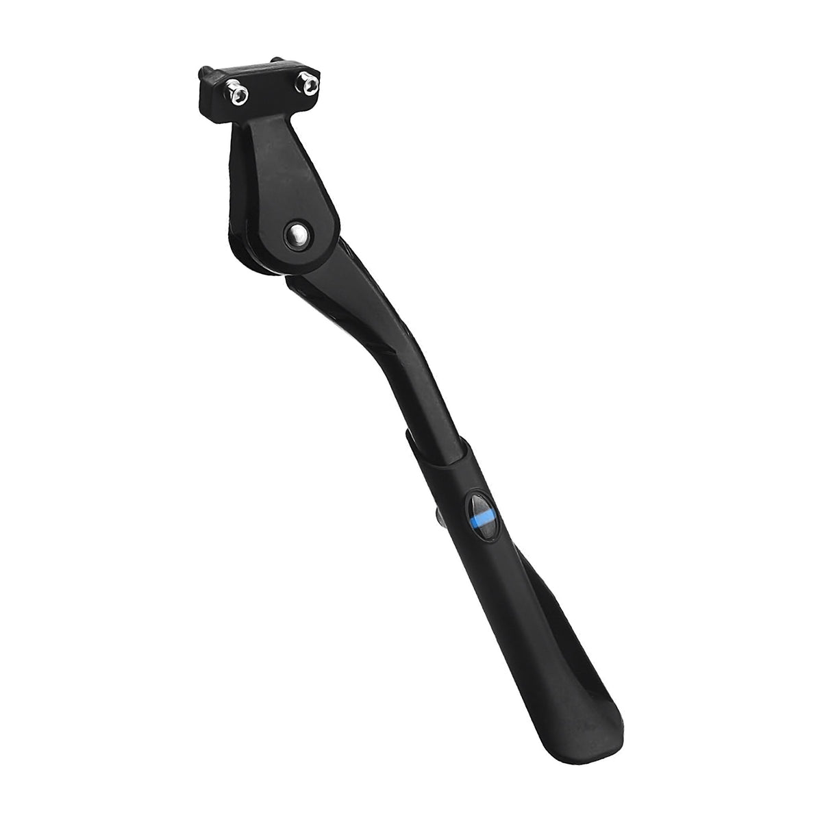 Black adjustable aluminium e-bike kickstand with rear frame mount and blue height adjustment button, shown on a white background