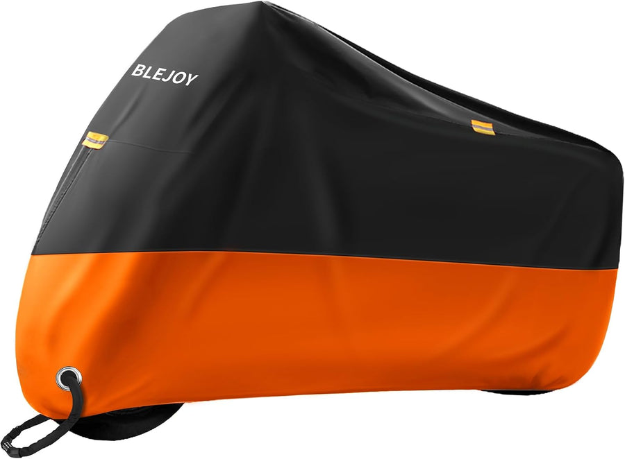 Black and orange bike cover with a lock hole and drawstring at the bottom