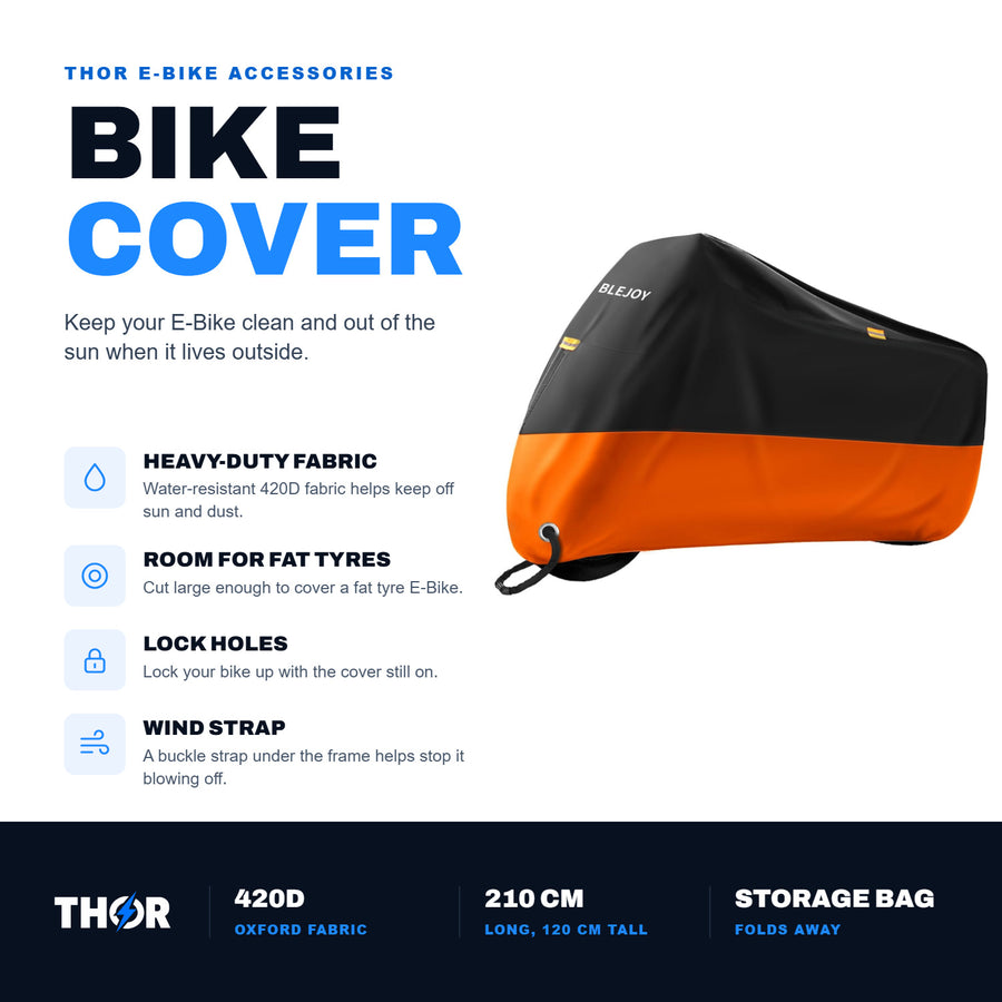 Bike Cover: heavy-duty 420D fabric, room for fat tyres, lock holes and a wind strap