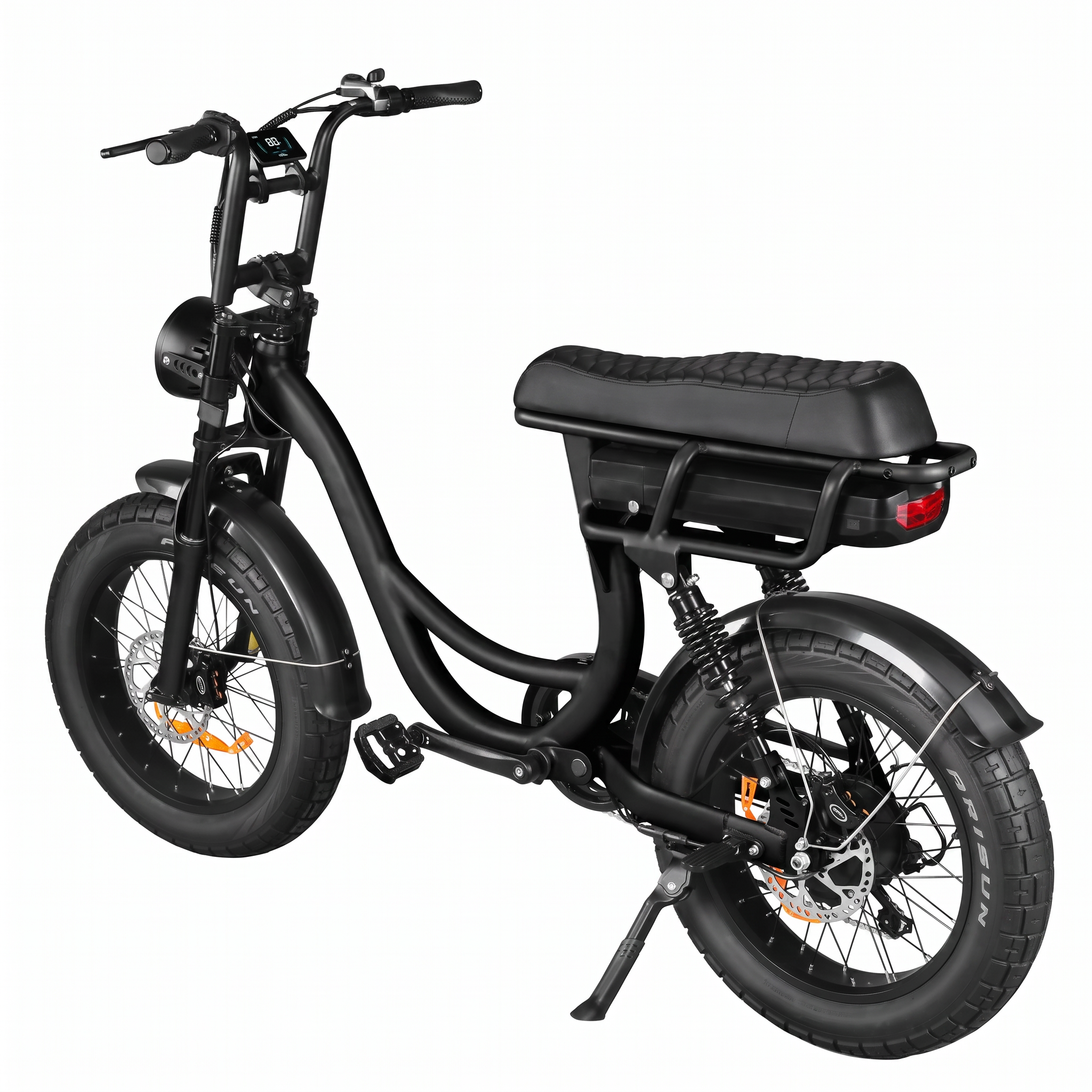 Rear three-quarter view of a matte black step-through electric bike with wide fat tires, round LED headlight, and high handlebars