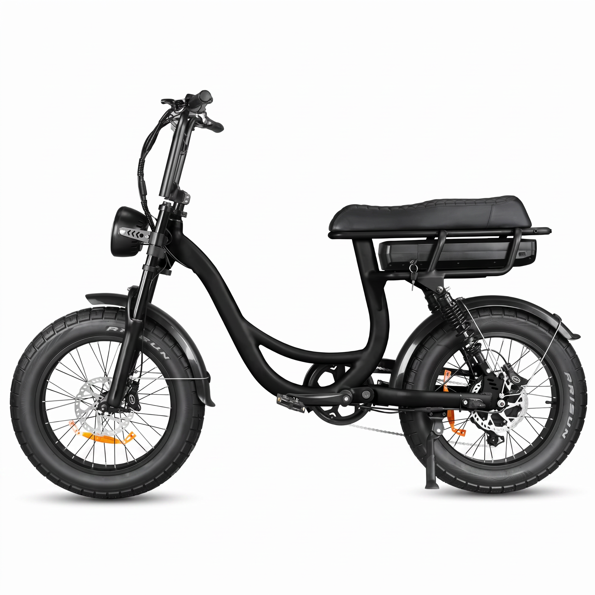 A black step-through electric bicycle with fat tires, a rear storage battery, and a black seat, shown from a side profile on a white background.