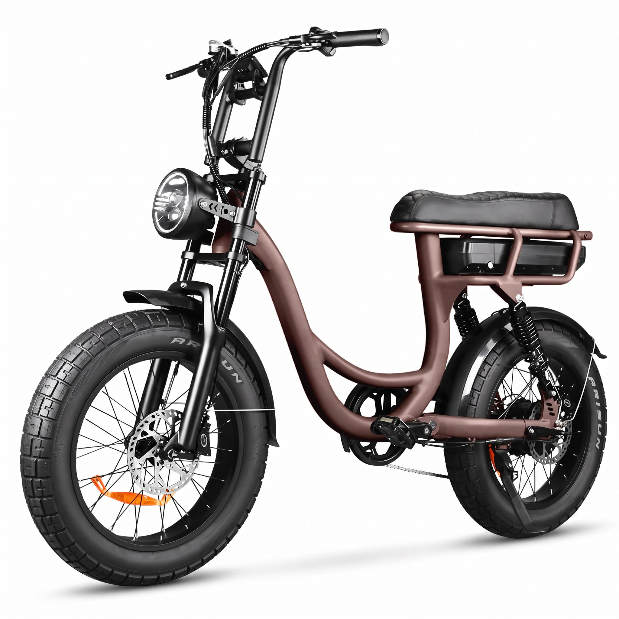 Front three-quarter view of a matte brown step-through electric bike with wide fat tires, round LED headlight, and high handlebars