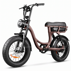 Front three-quarter view of a matte brown step-through electric bike with wide fat tires, round LED headlight, and high handlebars