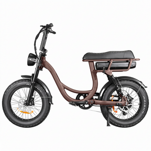 Side profile of a brown step-through fat tire electric bike with black long bench seat, wide tires, and step-thru frame on a plain background