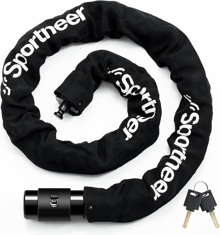 Chain lock in a black fabric sleeve with metal lock head and two keys