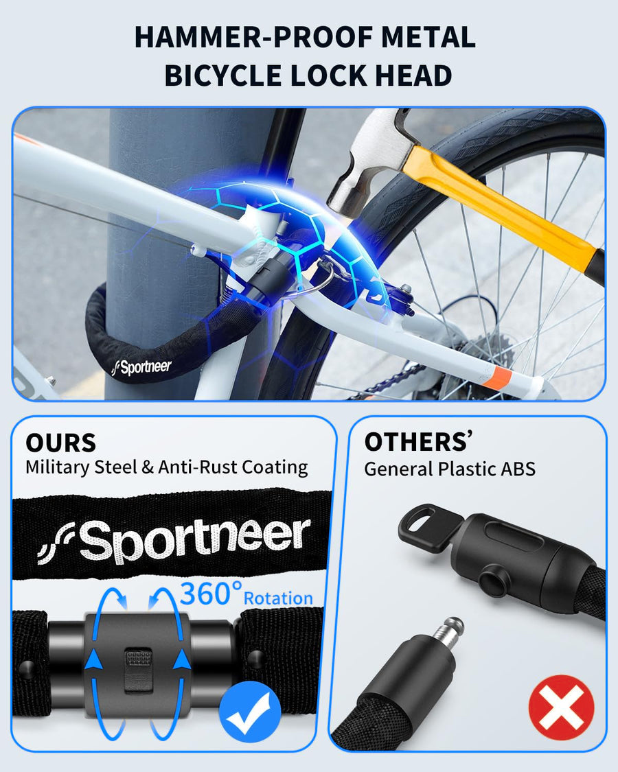 Chain lock around a bike frame and post, with the metal lock head that swivels 360 degrees
