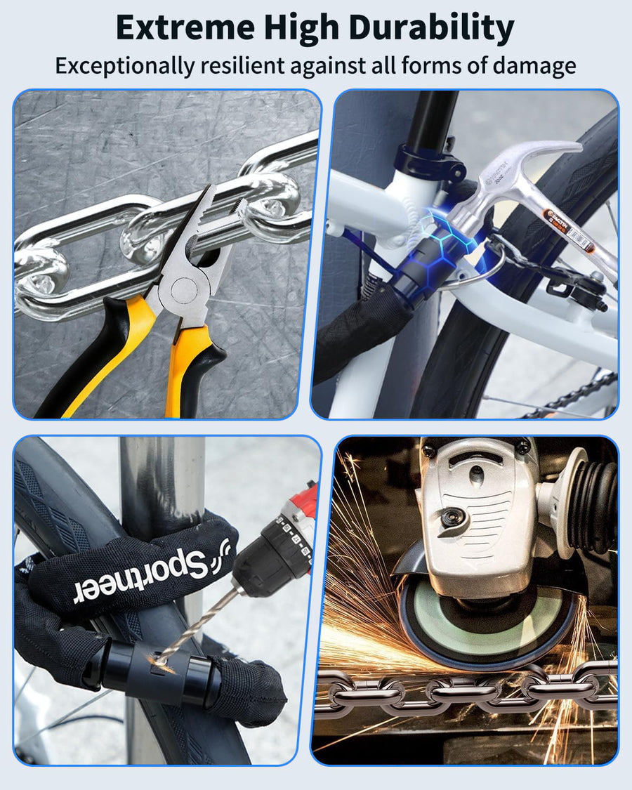 Chain lock shown with pliers, a hammer, a drill and an angle grinder