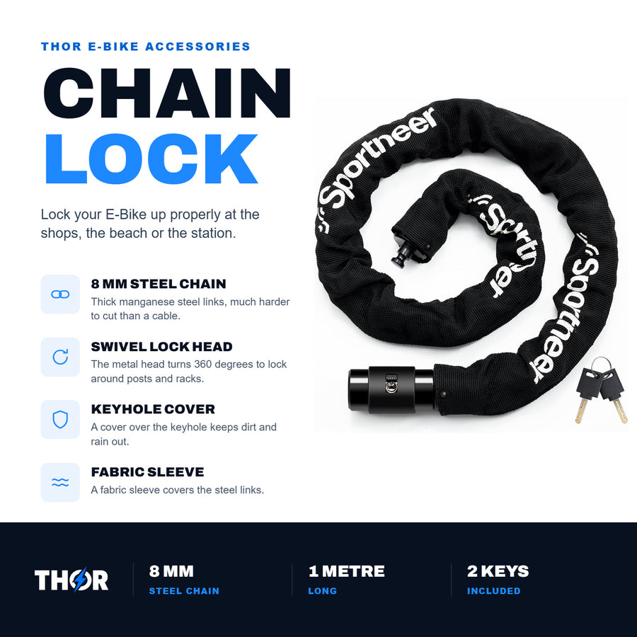 Chain Lock: 8 mm steel chain, swivel lock head, keyhole cover and fabric sleeve