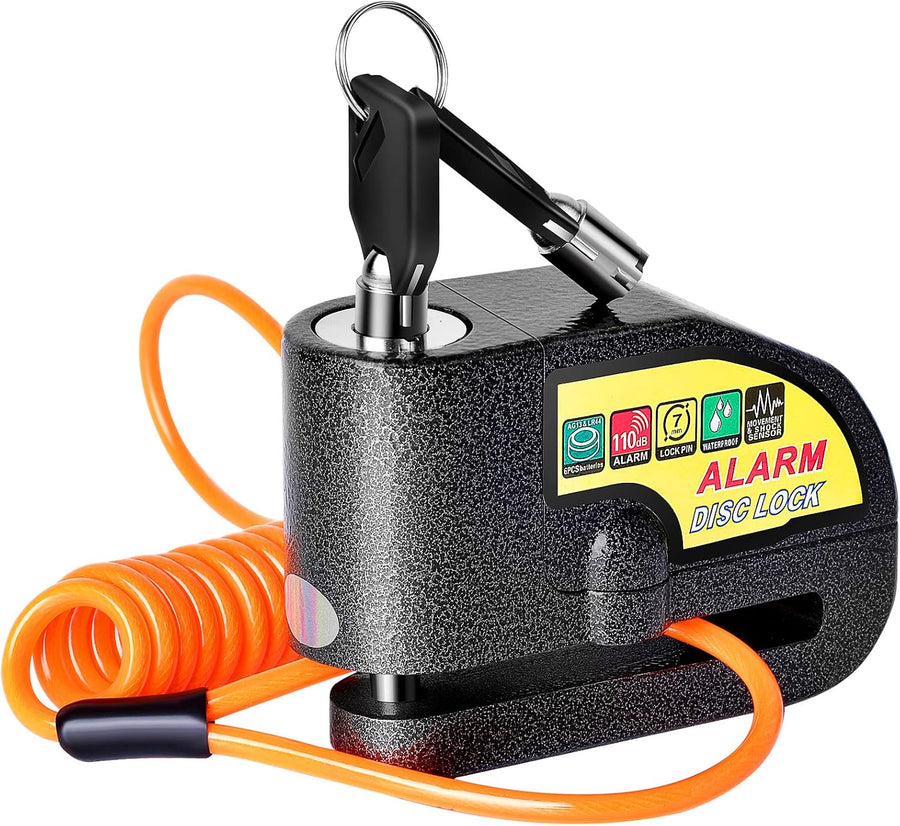 Disc brake alarm lock with two keys and coiled orange reminder cable