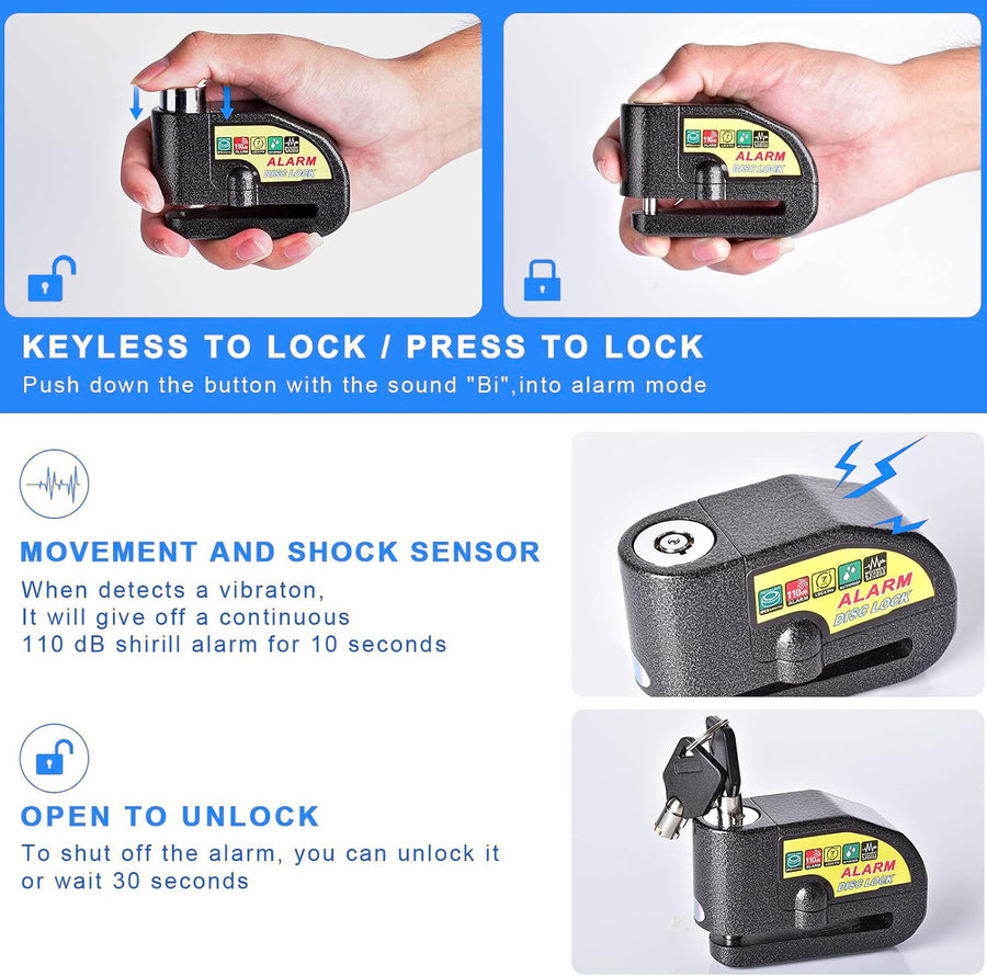 Pressing the disc brake alarm lock shut to arm it, the shock sensor alarm and unlocking it with the key