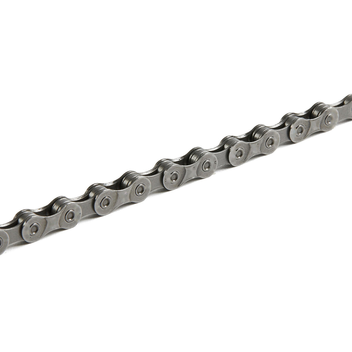 Silver bicycle chain for e-bikes shown at a diagonal, with plain nickel-plated links and rivets, on a white background