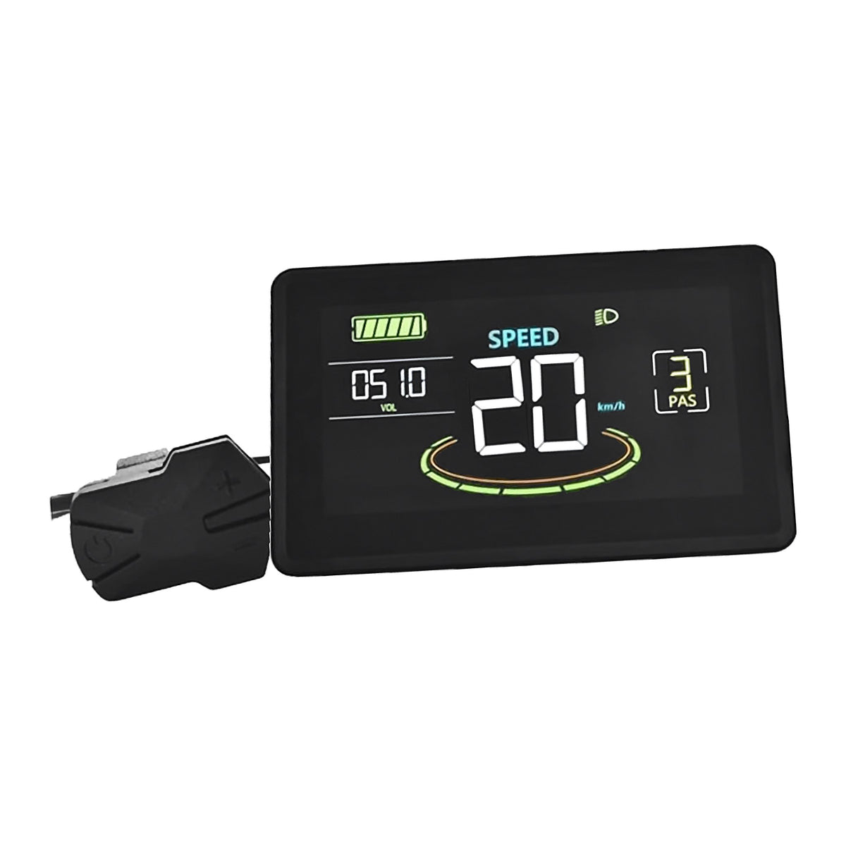 LCD display showing 20 km/h speed, pedal assist level 3, battery level and voltage, with handlebar control button pad on the left