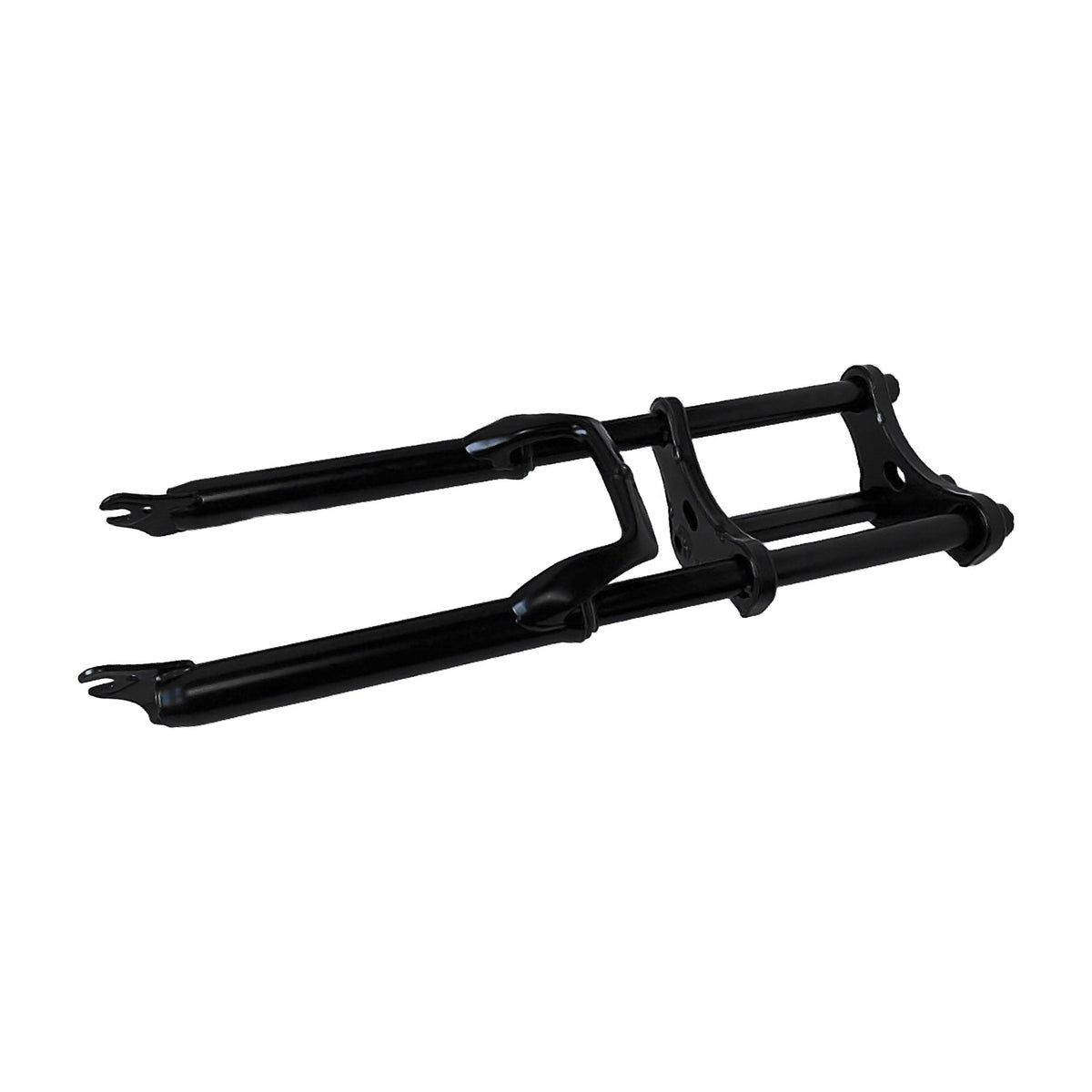 Front view of a black double crown e-bike fork showing the upper and lower crowns, steerer tube and fork brace on a white background