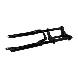 Front view of a black double crown e-bike fork showing the upper and lower crowns, steerer tube and fork brace on a white background
