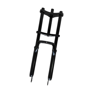 Black double crown front fork for fat tyre e-bikes shown from an angle, with triple clamps, brace and front dropouts on a white background