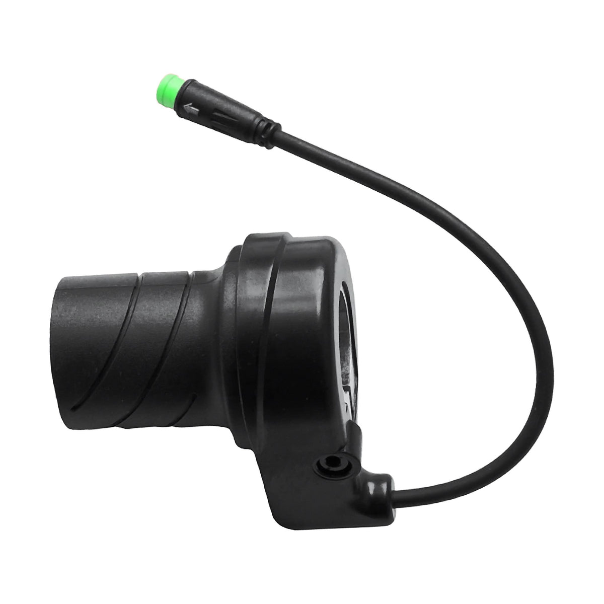 Black half-twist e-bike throttle with ribbed grip, handlebar clamp and cable with green-tipped waterproof connector, shown on a white background
