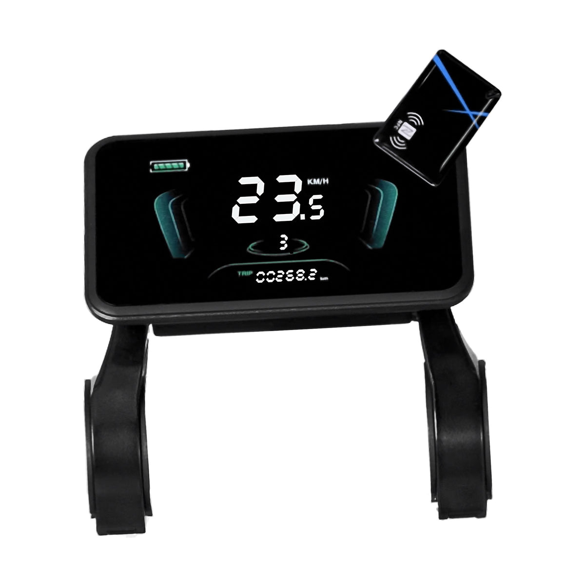 E-bike LCD display with handlebar mounts showing 23.5 km/h speed, pedal assist level 3 and trip distance, with blue NFC card for keyless unlock