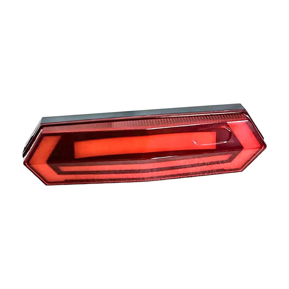 Red LED rear tail light for e-bikes with angular lens and light bar design, shown on a white background