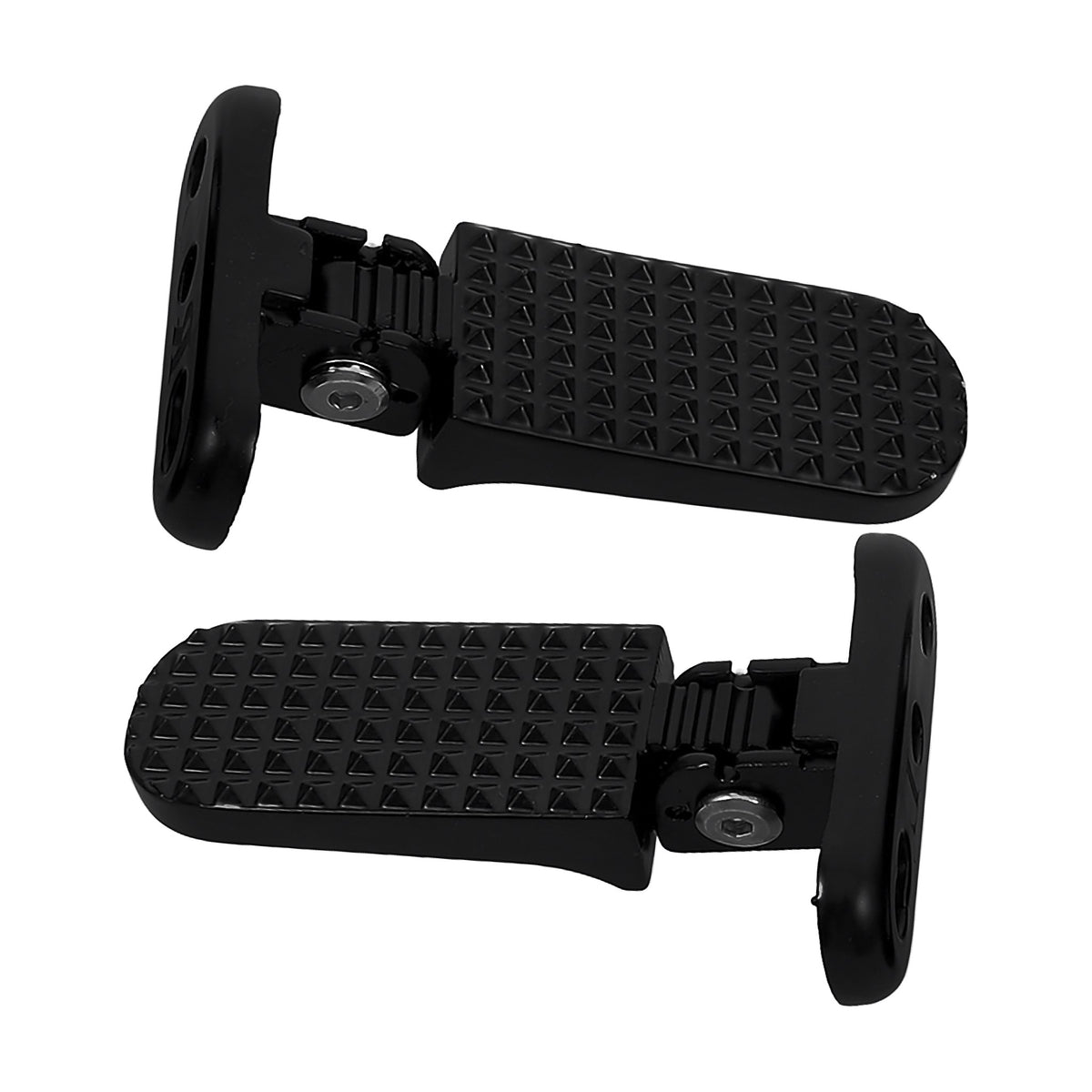 Pair of black folding rear foot pegs for e-bikes with anti-slip pyramid tread and frame mounting plates, shown on a white background