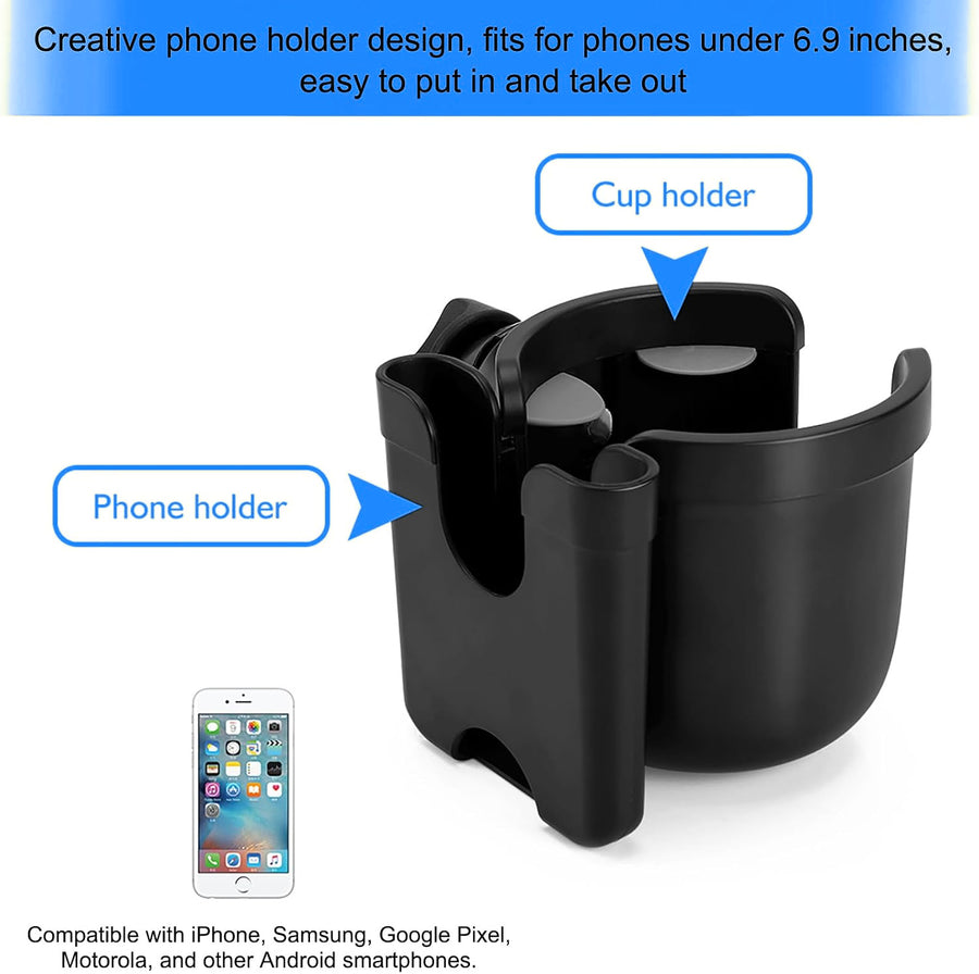 Cup holder and side phone holder, for phones up to 6.9 inches