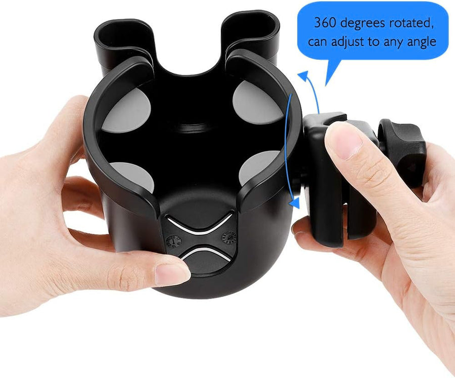 Cup holder held in two hands, with the clamp that rotates 360 degrees