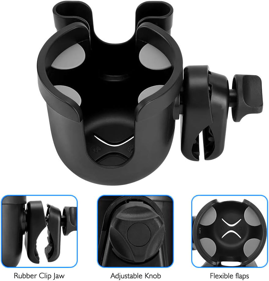Cup holder with close-ups of the rubber clip jaw, adjustable knob and flexible flaps