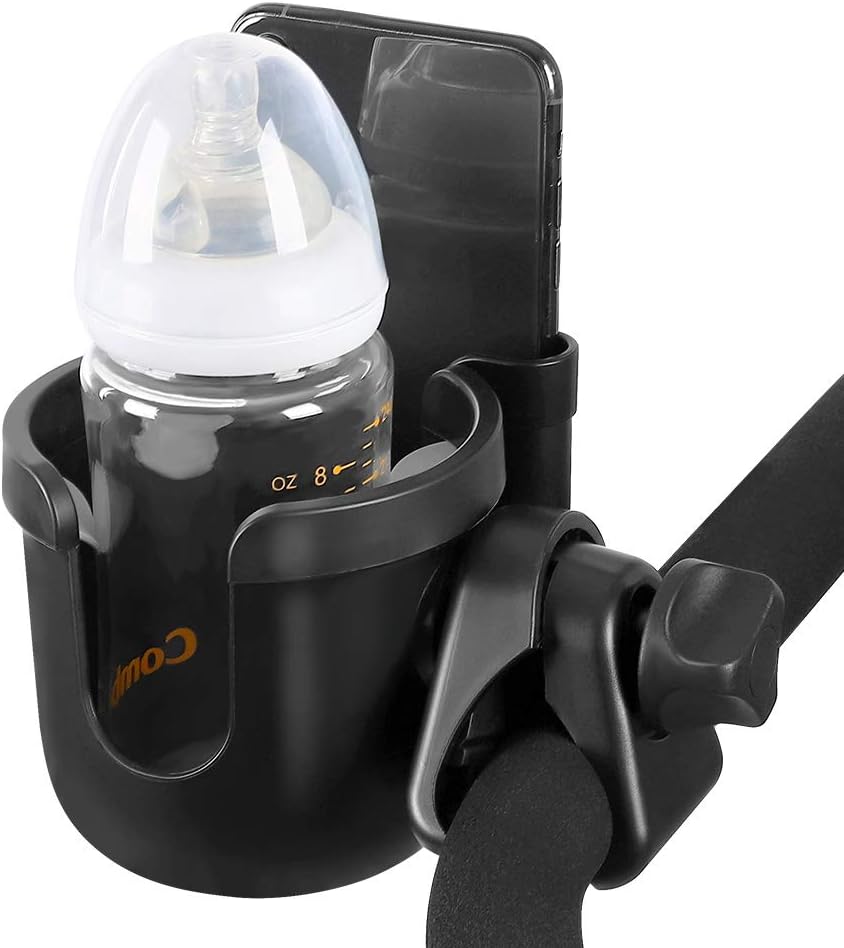 Cup holder holding a bottle, with a phone in the side phone holder