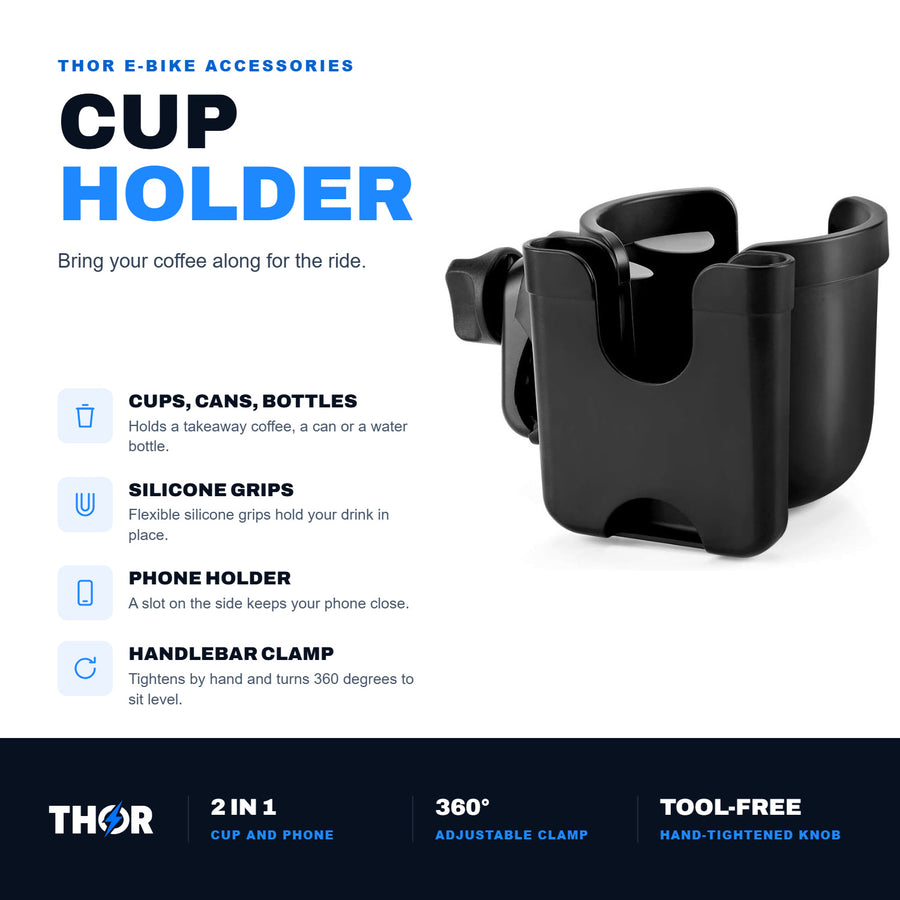 Cup Holder: holds cups, cans and bottles, silicone grips, phone holder and handlebar clamp