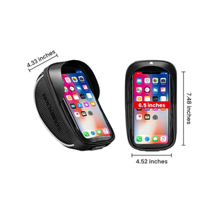 Handlebar phone bag dimensions: 4.33 inches deep, 7.48 inches tall and 4.52 inches wide, fits phones up to 6.5 inches