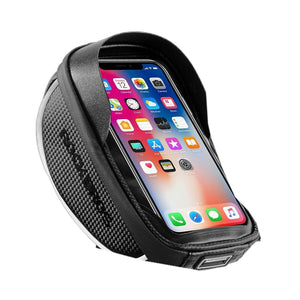 Black waterproof handlebar phone bag with touchscreen window and sun visor, holding a smartphone, shown on a white background