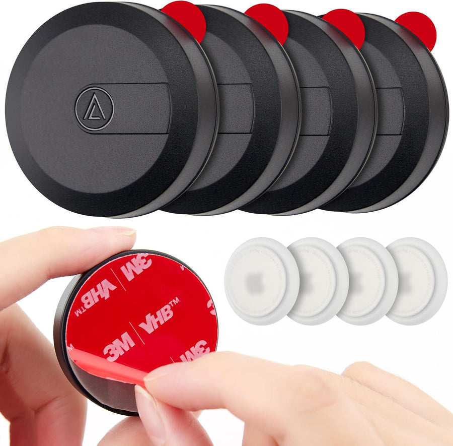 Four hidden AirTag holders with 3M adhesive backing (AirTags shown, not included)