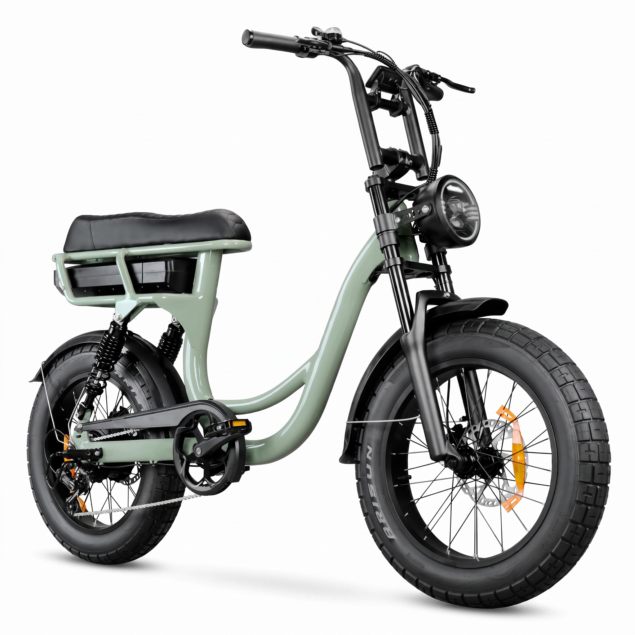 Front three-quarter view of a moss step-through electric bike with wide fat tires, round LED headlight, and high handlebars