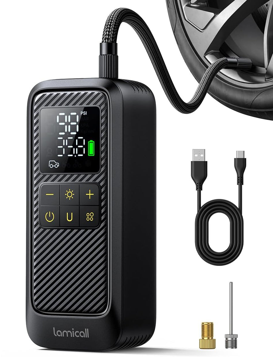 Portable tyre inflator with digital screen, air hose, USB-C charging cable and valve adaptors