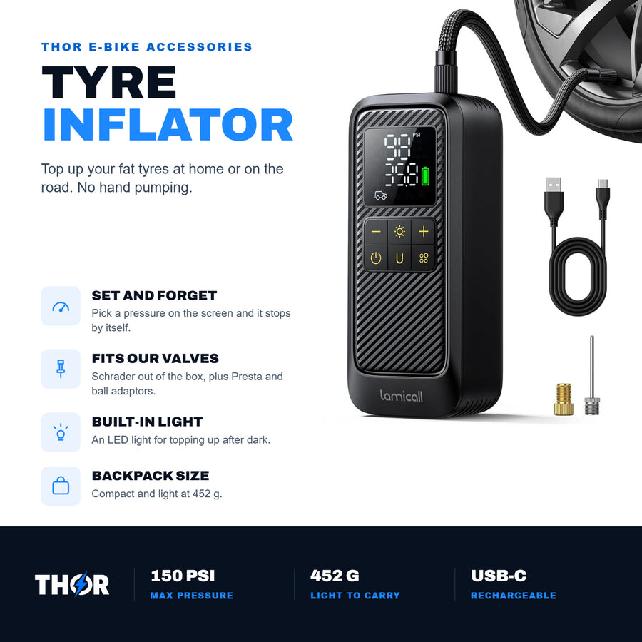 Tyre Inflator: auto stop, Schrader with Presta and ball adaptors, LED light, 150 PSI