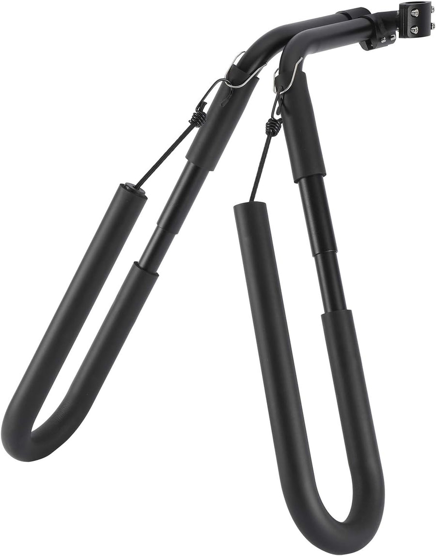 Surf rack with two padded J-shaped arms and bungee hooks