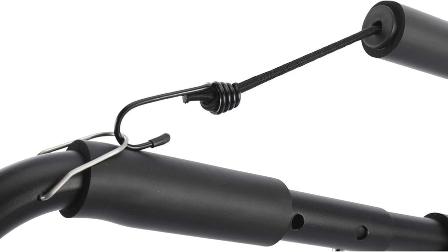 Bungee hook clipped to a surf rack arm