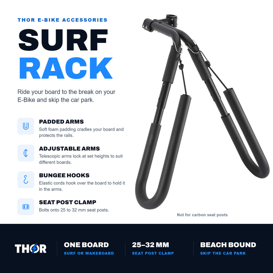 Surf Rack: padded arms, adjustable arms, bungee hooks and a 25 to 32 mm seat post clamp