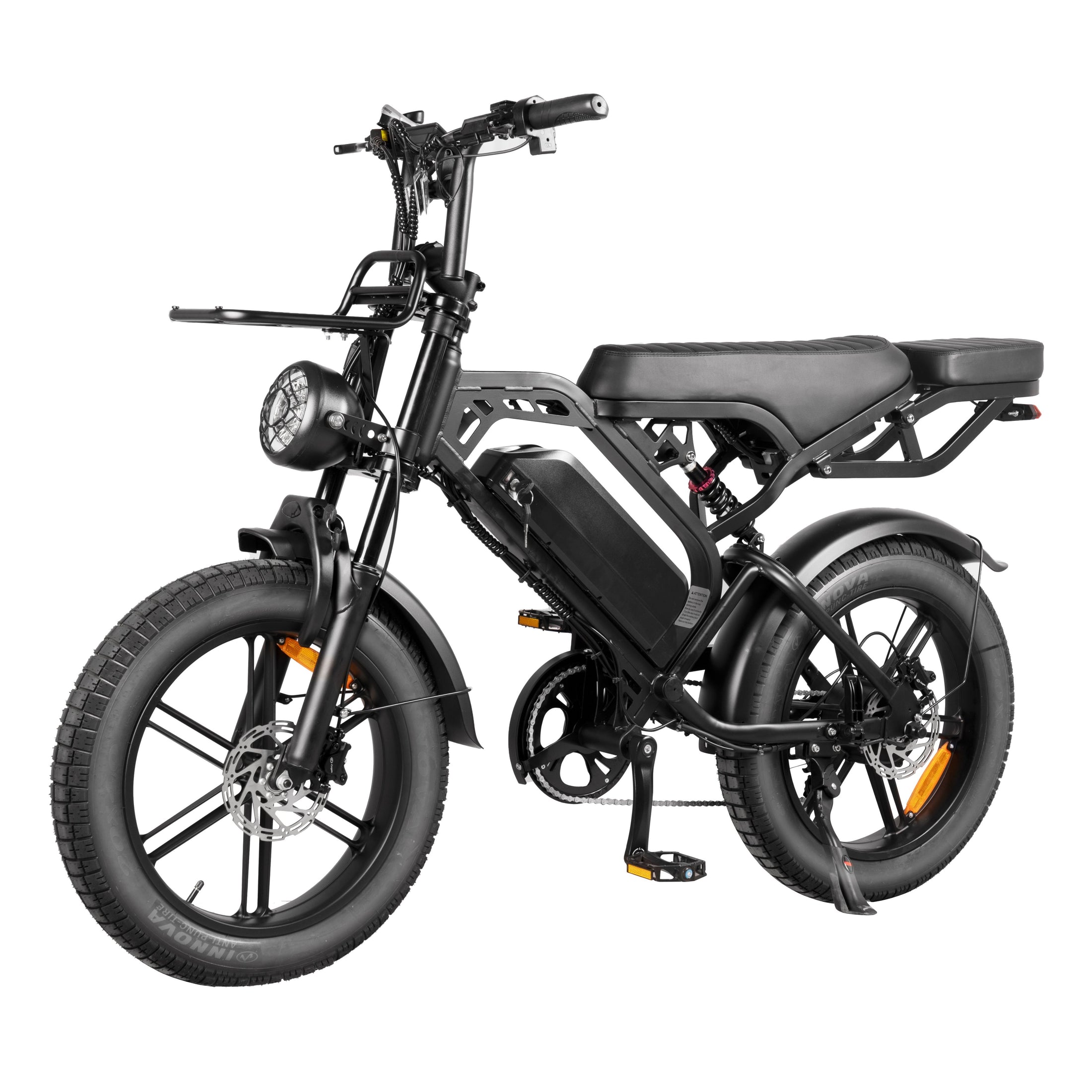 Thunder V20 Pro 250W fat tyre electric bike in black with black seat, shown from the front three-quarter angle featuring 20 x 4.0-inch tyres, dual suspension, hydraulic disc brakes and rear hub motor.