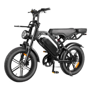 Thunder V20 Pro 250W fat tyre electric bike in black with black seat, shown from the front three-quarter angle featuring 20 x 4.0-inch tyres, dual suspension, hydraulic disc brakes and rear hub motor.
