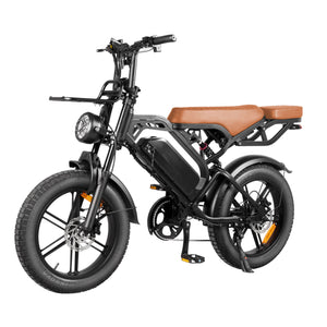 Thunder V20 Pro 250W fat tyre electric bike in black with brown seat, shown from the front three-quarter angle featuring 20 x 4.0-inch tyres, dual suspension, hydraulic disc brakes and rear hub motor.